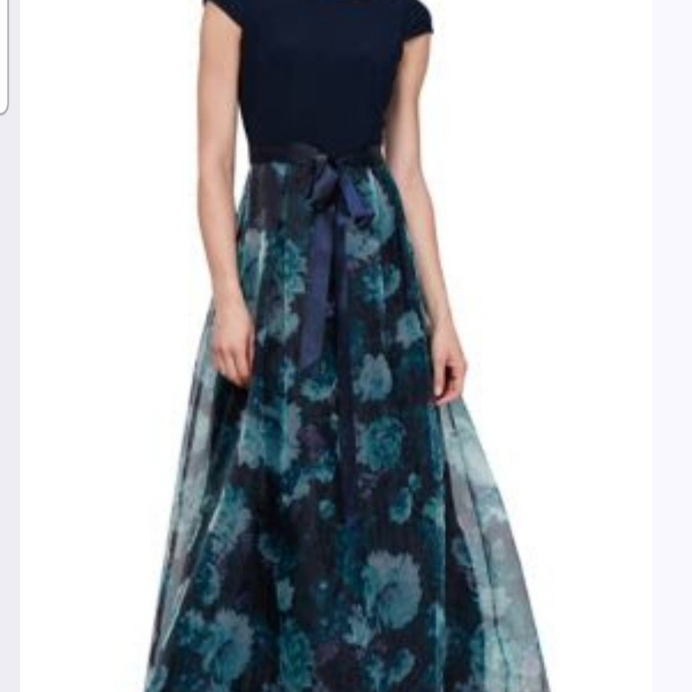 SLNY Navy and Teal Floral Maxi Dress BNWT Size 14 Organza